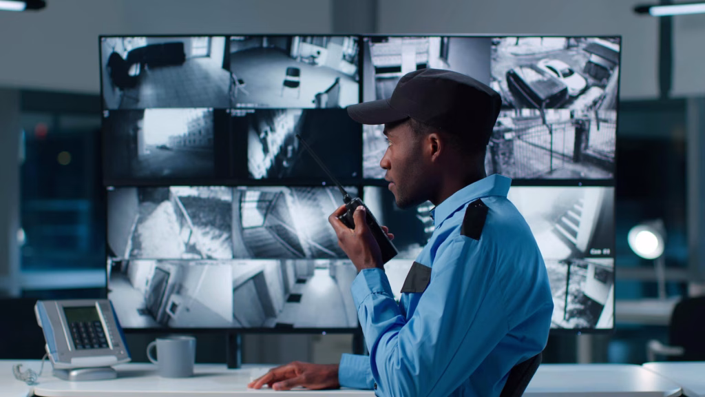 Professionnel de la sécurité devant des écrans de vidéosurveillance